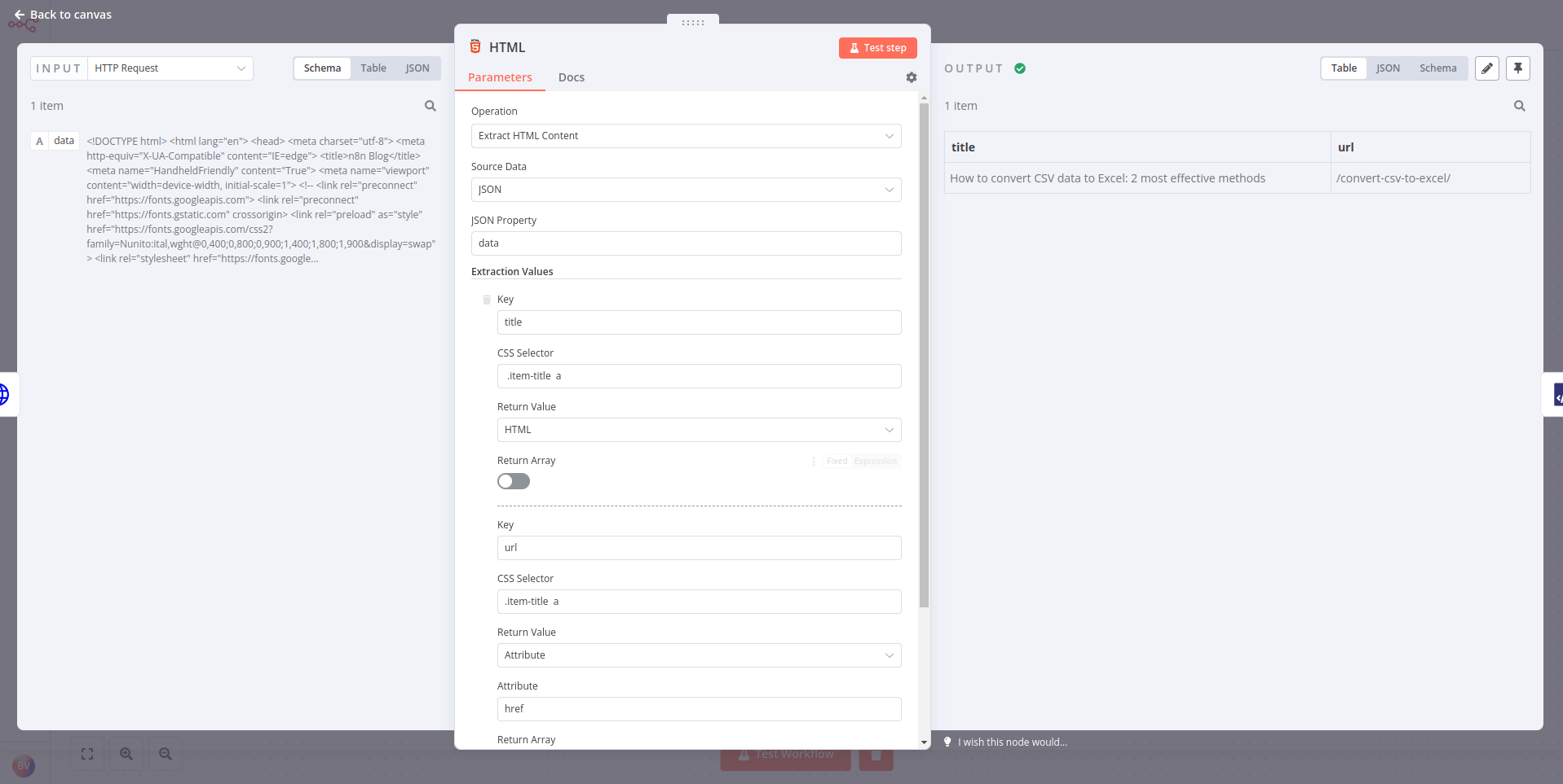 Result of HTML Extract node